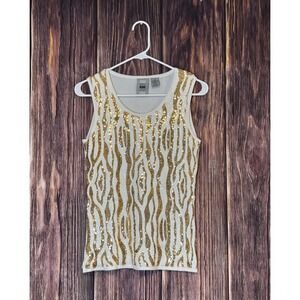 VERVE Tank Top Womens S White Gold Zebra Print Sequin Sleeveless Shirt Glamorous
